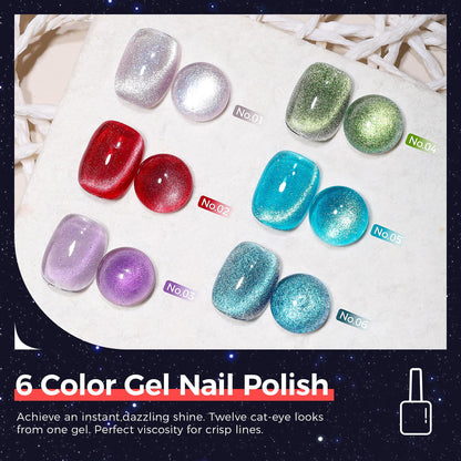 GELLAKTIK 5-in-1 Cat Eye Gel Nail Polish Kit – 6 Colors, No Base/Top Coat Needed, Magnetic Nail Art Set