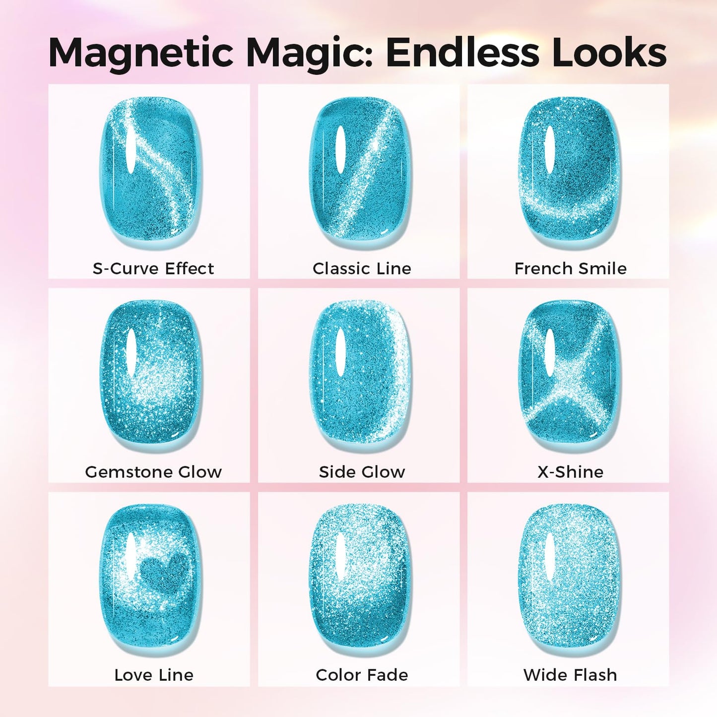 GELLAKTIK 5-in-1 Cat Eye Gel Nail Polish Kit – 6 Colors, No Base/Top Coat Needed, Magnetic Nail Art Set