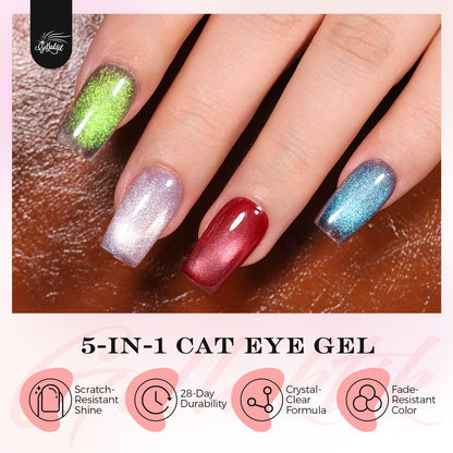 GELLAKTIK 5-in-1 Cat Eye Gel Nail Polish Kit – 6 Colors, No Base/Top Coat Needed, Magnetic Nail Art Set