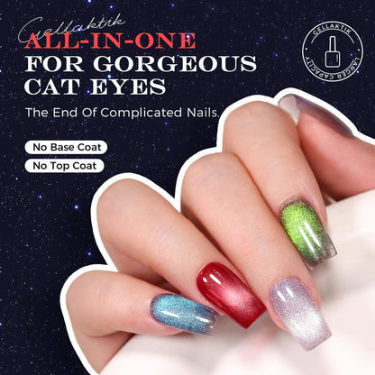 GELLAKTIK 5-in-1 Cat Eye Gel Nail Polish Kit – 6 Colors, No Base/Top Coat Needed, Magnetic Nail Art Set