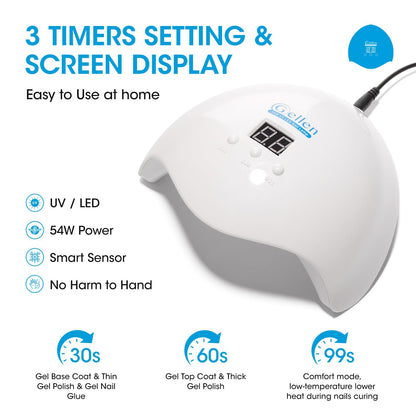 GELLEN 54W UV/LED Nail Lamp with Auto Sensor – 18 Beads, 3 Timers, LCD Display | Home & Salon Use