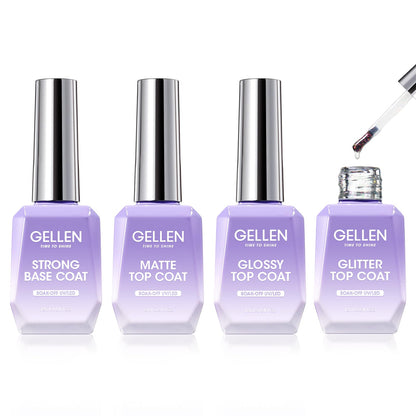 GELLEN Gel Base Coat & Top Coat Set – 4x18ml, Matte/Glossy/Glitter Top Coats for Soak-Off Gel Nails