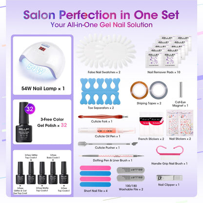 GELLEN 71-Piece Gel Nail Kit with 54W UV/LED Lamp — 32 Colors, Base & Top Coats, Home Salon Pro Set