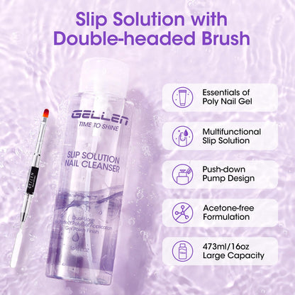 GELLEN 473ml Slip Solution for Polygel Nails with Pump Bottle – Nail Brush Included