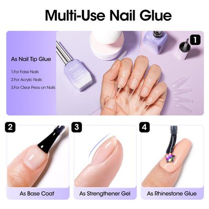 GELLEN 2 Pcs Gel Nail Glue – 4 in 1 UV Extension Glue for Tips, Base Coat & Rhinestones