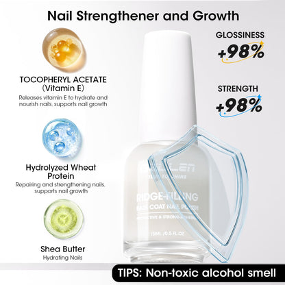 GELLEN Clear Ridge Filling Base Coat – 3-in-1 Nail Strengthener, Sheer Milky White Tint, HEMA/TPO Free