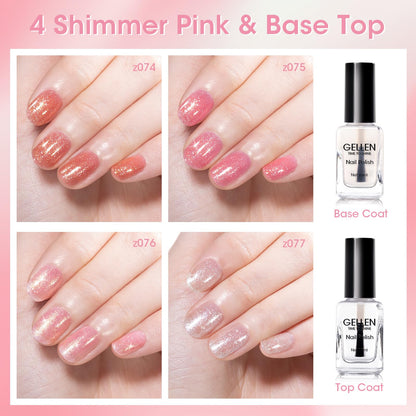 GELLEN Sheer Shimmer Pink Nail Polish & Clear Base Top Coat – 6-Piece Set, Quick-Dry, 4-Free
