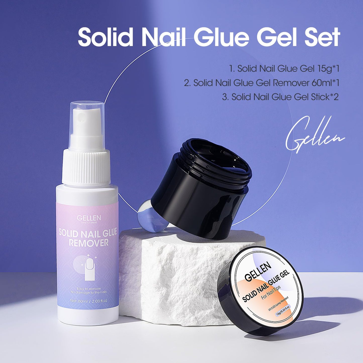 GELLEN Solid Nail Glue Set with Remover – 60ml Remover, 15g Gel for Tips & Press-Ons
