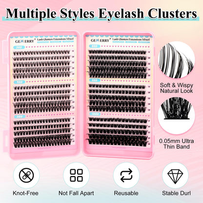 GEMERRY Lash Clusters Kit 565Pcs | 30D–100D Eyelash Extensions, 8–16mm, Bond & Seal, Tweezers
