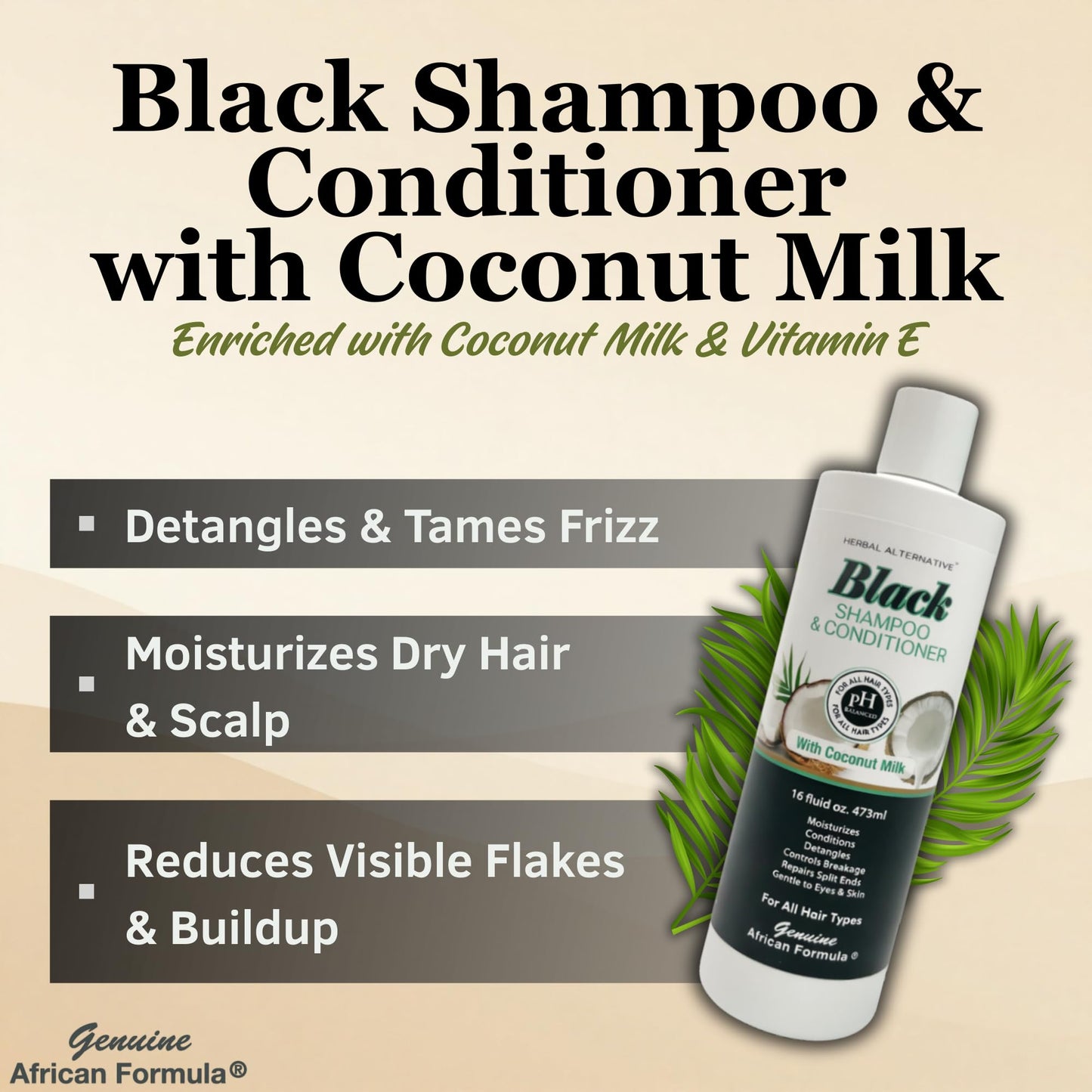 Genuine African Formula Black Shampoo & Conditioner with Coconut Milk | 16oz 2-in-1 Moisturizing Hair Care