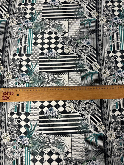 Geometric Floral Satin Fabric by the Metre – Black & White Luxury