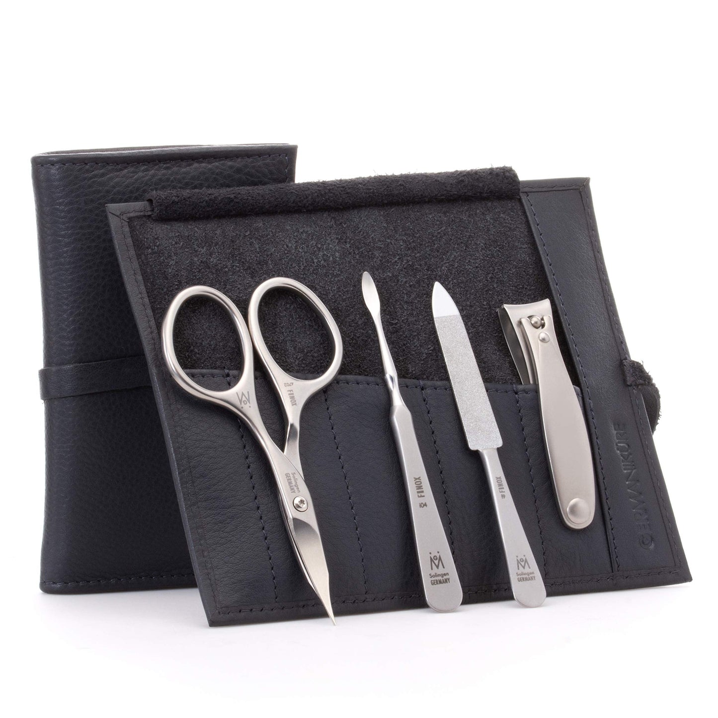 GERMANIKURE 4pc Manicure Set in Black Leather Case – Solingen Germany FINOX Stainless Steel Tools