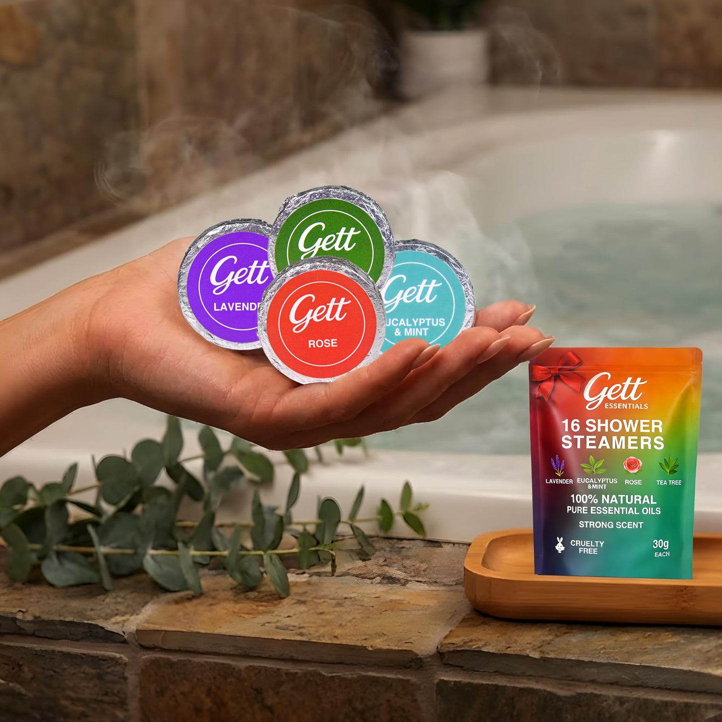 GETT Shower Steamers Aromatherapy 16-Pack – 4 Lavender, 4 Rose, 4 Tea Tree, 4 Mint