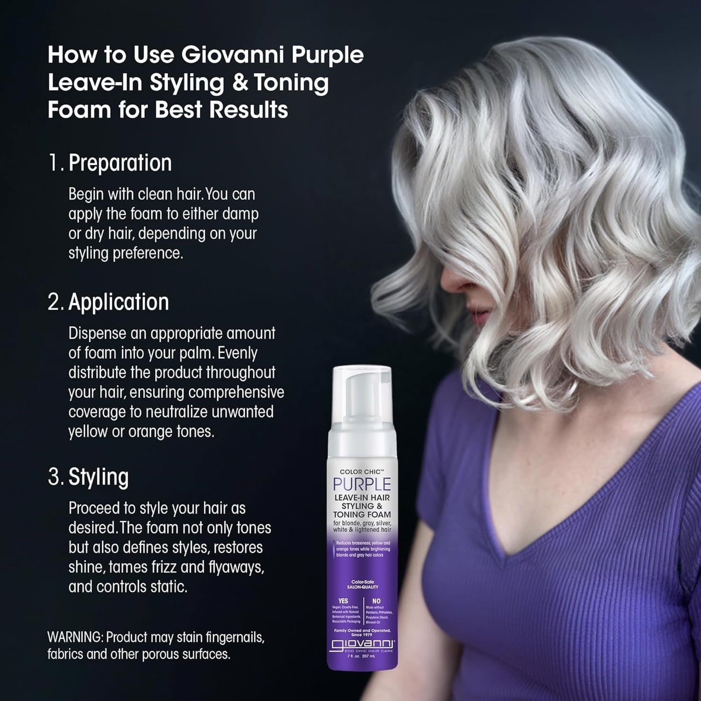 GIOVANNI Color Chic Purple Leave-In Foam – Toning & Volume for Blonde, Gray & Fine Hair | 7 fl oz