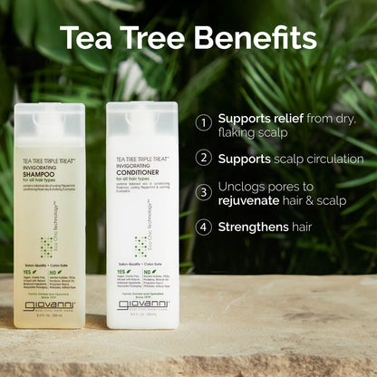 GIOVANNI Tea Tree Triple Threat Invigorating Shampoo & Conditioner Set – Travel Size 2 oz (2 Pack) – Peppermint, Eucalyptus, Rosemary