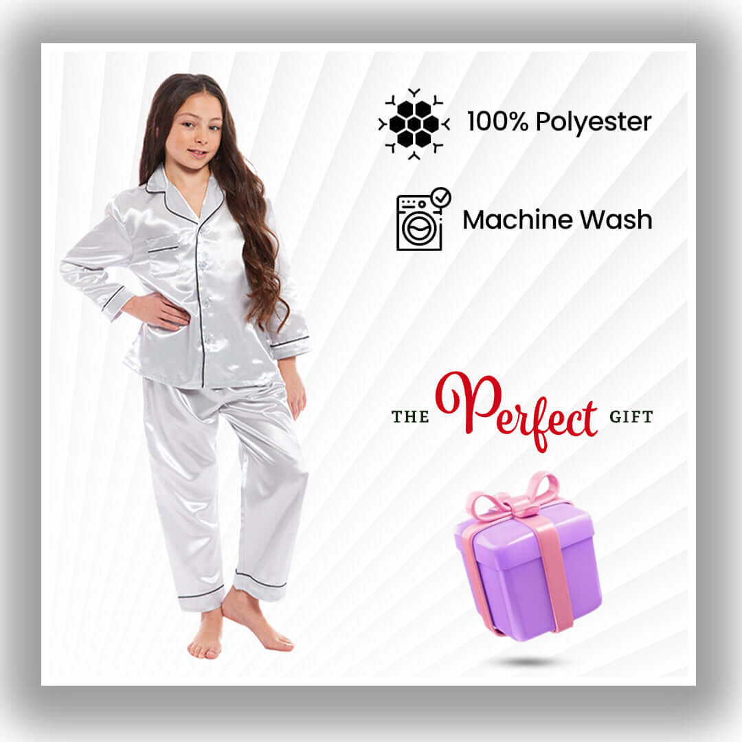 Girls Long Sleeve Satin Silk Pyjama Set Comfortable Button-Down Sleepwear in Black Pink Grey Sizes 5-14 YRS by Daisy Dreamer