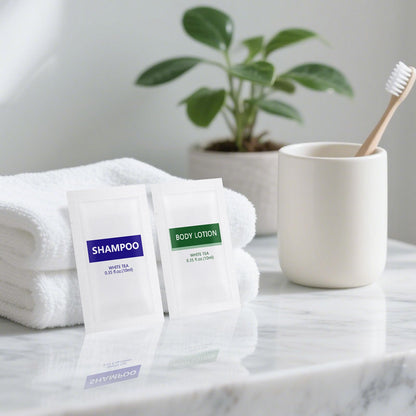 Gisdo Travel Size Body Wash & Shampoo Bulk | 0.35 oz Pouches | White Tea Scent (Pack of 200)