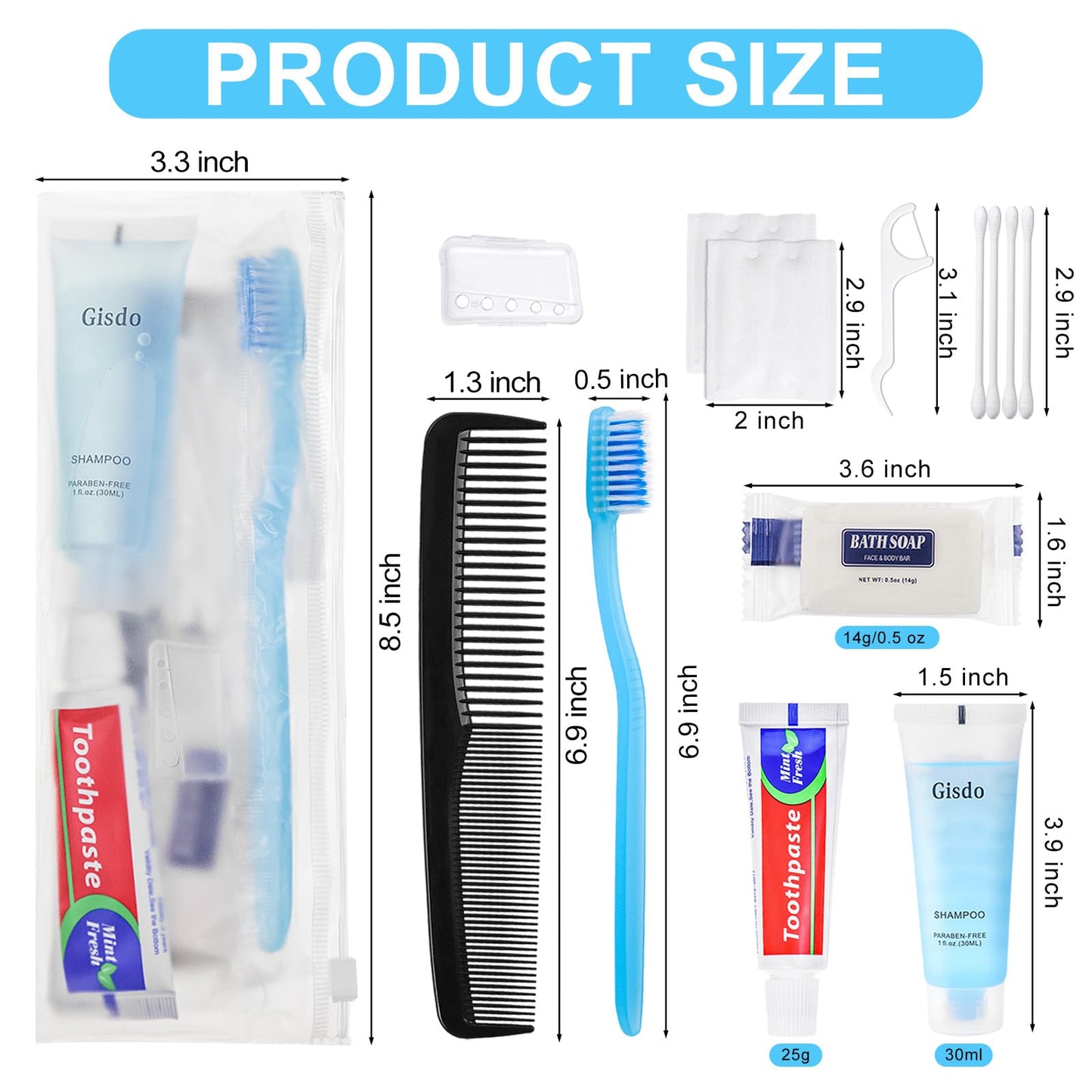 Gisdo 50-Pack Basic Toiletry Kits | 10-in-1 Travel Hygiene for Men & Women