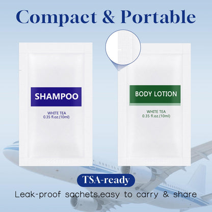 Gisdo Travel Size Body Wash & Shampoo Bulk | 0.35 oz Pouches | White Tea Scent (Pack of 200)