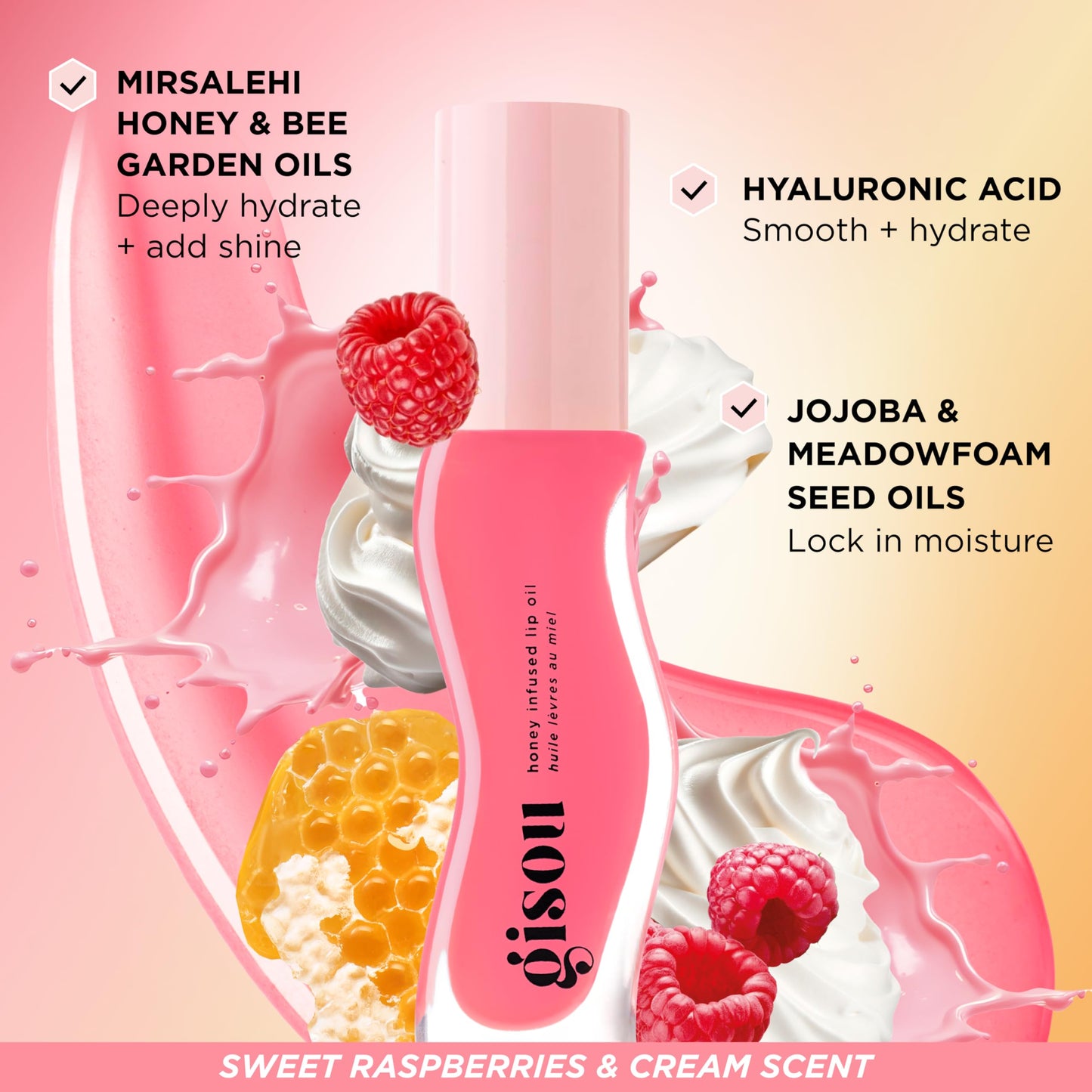 Gisou Honey Infused Hydrating Lip Oil Raspberry Swirl | Nourishing Lip Moisturizer 8ml