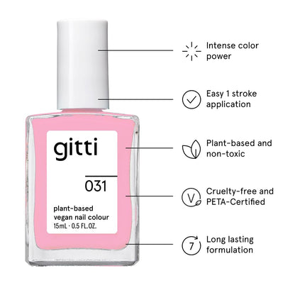 gitti Plant-based Nail Polish Solar Pink 031 – Non-Toxic, 30-Free, Vegan, Cruelty-Free, Glossy Color (0.5 fl oz)