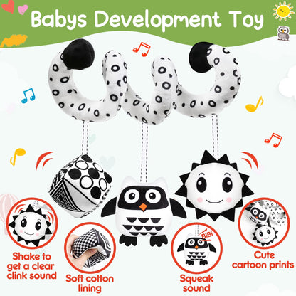 GKDOMS Baby Spiral Hanging Toy — Black & White High-Contrast Plush for Stroller & Car Seat