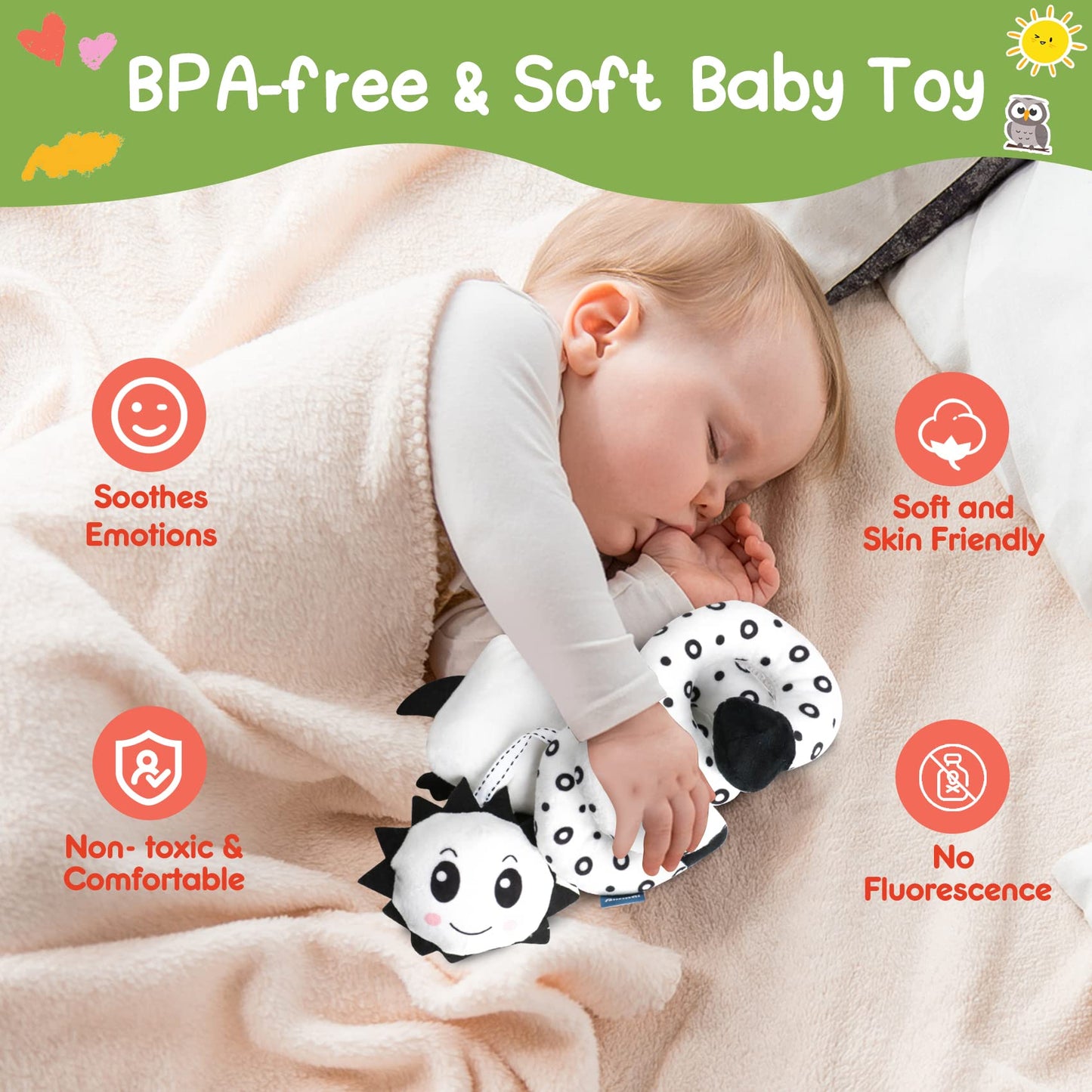 GKDOMS Baby Spiral Hanging Toy — Black & White High-Contrast Plush for Stroller & Car Seat