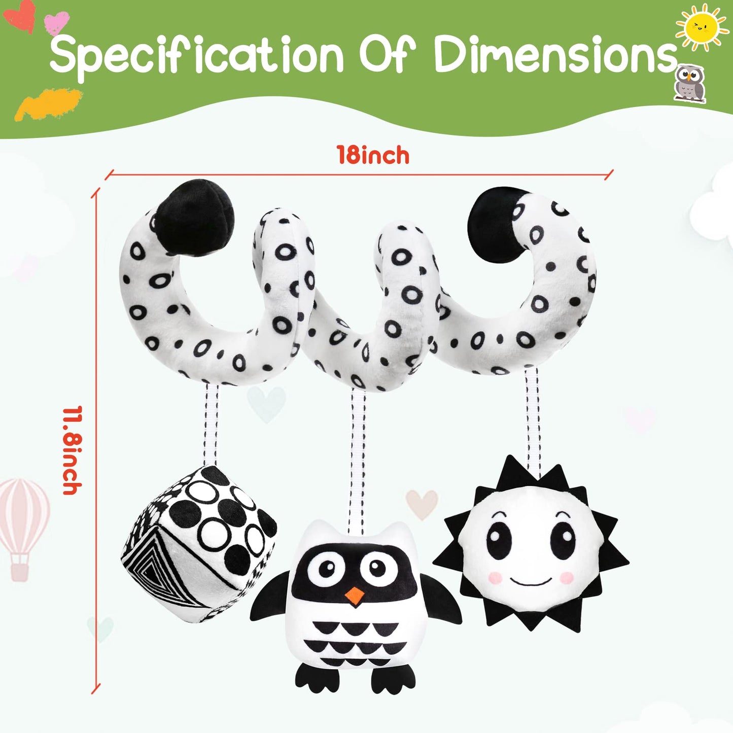 GKDOMS Baby Spiral Hanging Toy — Black & White High-Contrast Plush for Stroller & Car Seat