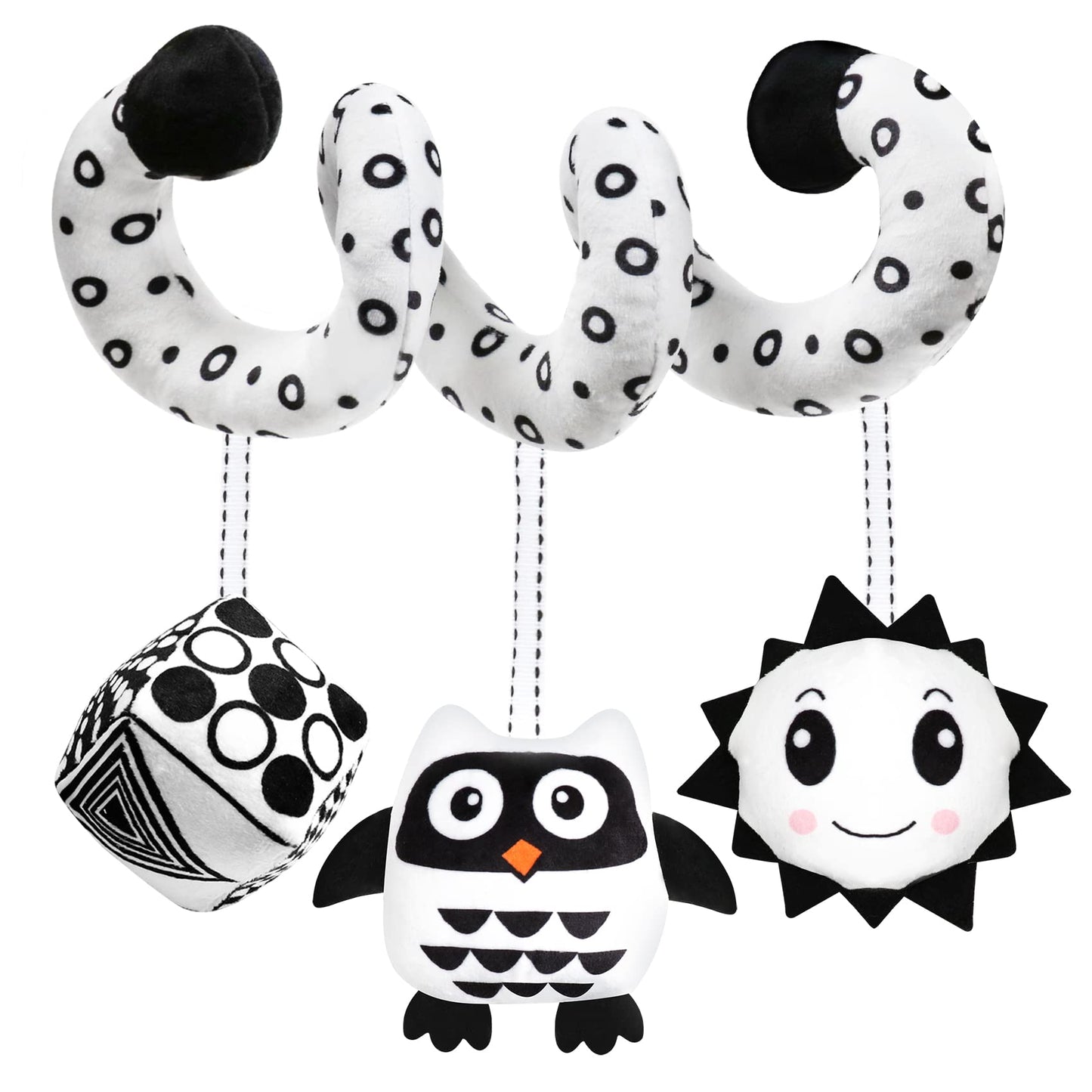GKDOMS Baby Spiral Hanging Toy — Black & White High-Contrast Plush for Stroller & Car Seat