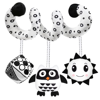 GKDOMS Baby Spiral Hanging Toy — Black & White High-Contrast Plush for Stroller & Car Seat