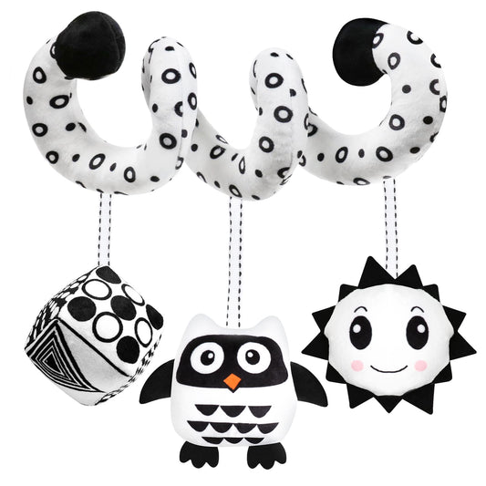 GKDOMS Baby Spiral Hanging Toy — Black & White High-Contrast Plush for Stroller & Car Seat