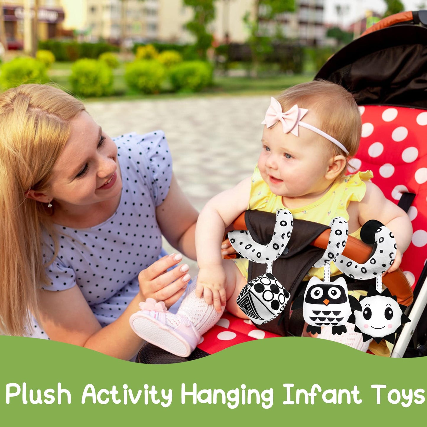 GKDOMS Baby Spiral Hanging Toy — Black & White High-Contrast Plush for Stroller & Car Seat