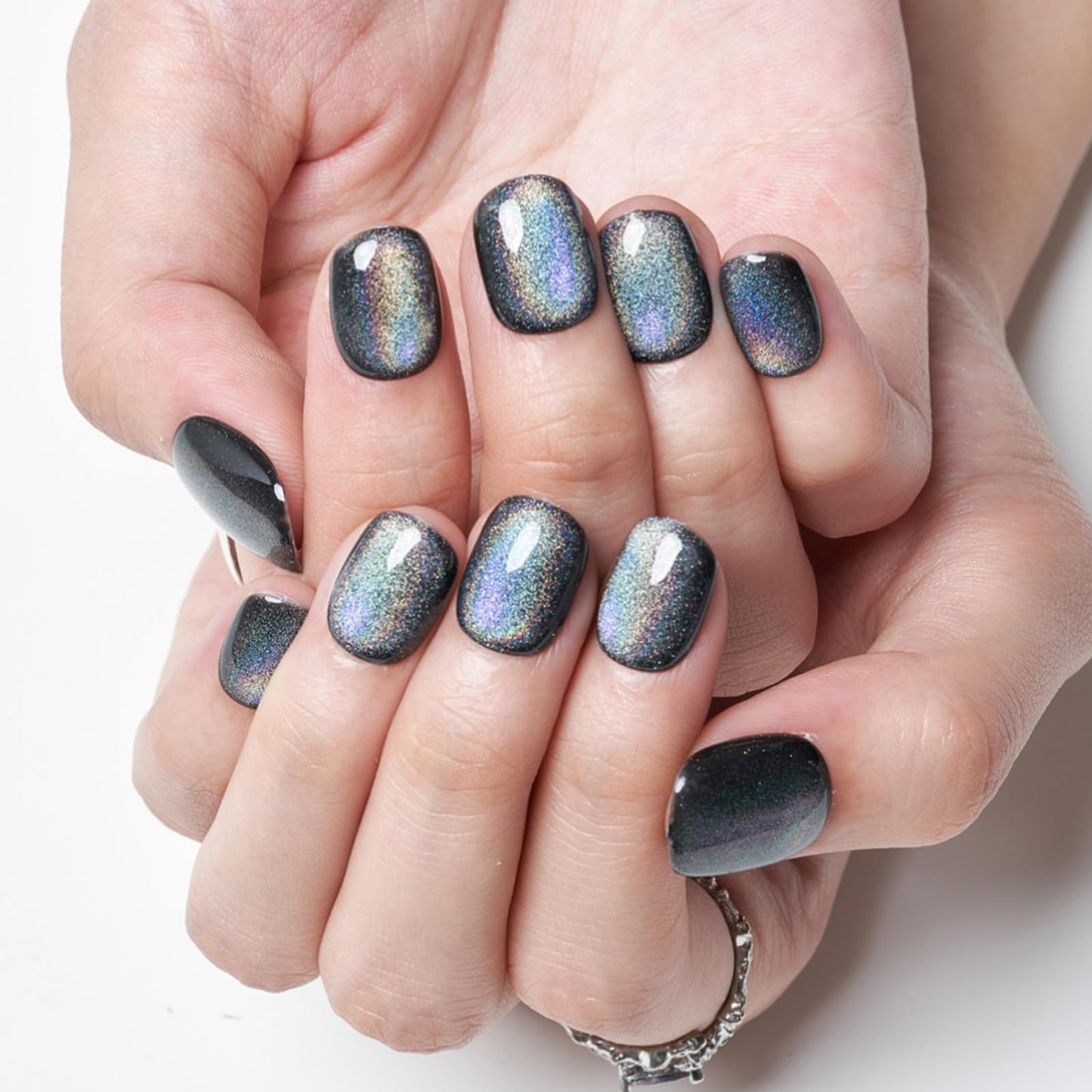 GLAMERMAID Laser Black Short Press On Nails – Aurora Cat Eyes, Extra Short Squoval Glue-On Kit