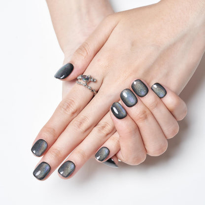 GLAMERMAID Laser Black Short Press On Nails – Aurora Cat Eyes, Extra Short Squoval Glue-On Kit