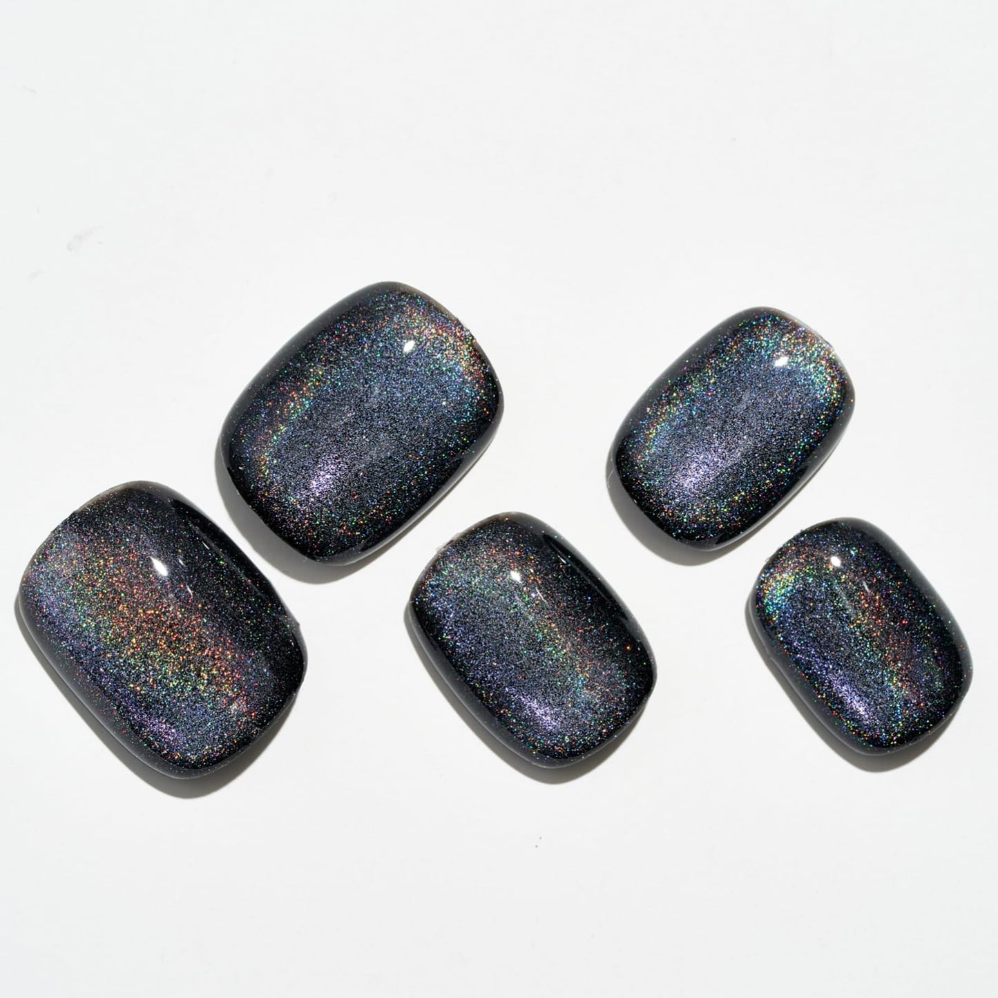 GLAMERMAID Laser Black Short Press On Nails – Aurora Cat Eyes, Extra Short Squoval Glue-On Kit