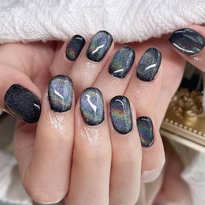GLAMERMAID Laser Black Short Press On Nails – Aurora Cat Eyes, Extra Short Squoval Glue-On Kit