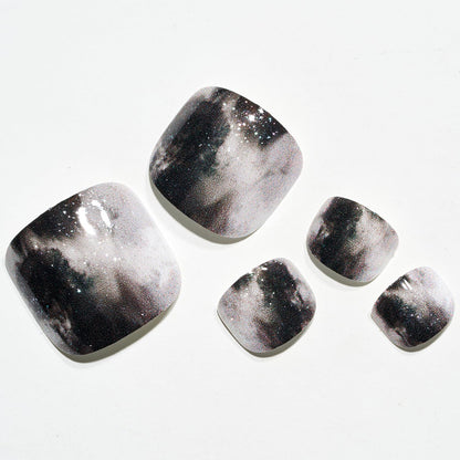 GLAMERMAID Press on Toenails – Glitter Black & White Marble Gel Finish Kit