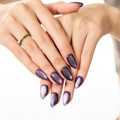 GLAMERMAID Dark Purple Magnet Cat Eyes Press On Nails – Short Almond, Black Aurora Jelly Gel Kit
