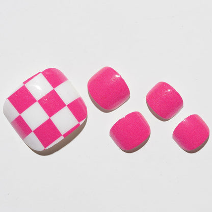 GLAMERMAID Press On Toenails – Glitter Hot Pink Plaid Gel Glue On Nails