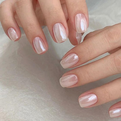 GLAMERMAID Pure White Pearl Chrome Extra Short Press-On Nails | Glazed Handmade Gel Finish