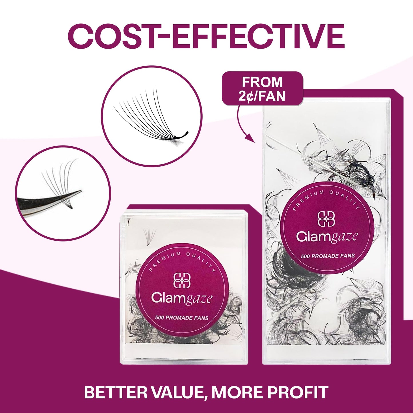 GLAMGAZE 500 Promade Fans | 3D-16D Volume Lash Extensions | 0.05–0.07mm Thick | 8–17mm Length