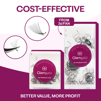 GLAMGAZE 500 Promade Fans | 3D-16D Volume Lash Extensions | 0.05–0.07mm Thick | 8–17mm Length