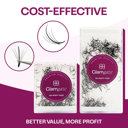 Glamgaze 500 Wispy Promade Fans – 5D-9D, C/CC/D Curl, 0.05–0.07mm, 9–16mm | Premade Lash Extensions