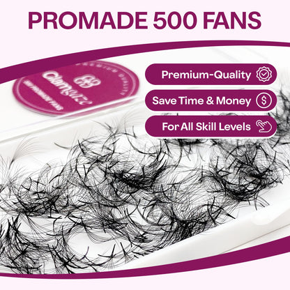 GLAMGAZE 500 Promade Fans | 3D-16D Volume Lash Extensions | 0.05–0.07mm Thick | 8–17mm Length