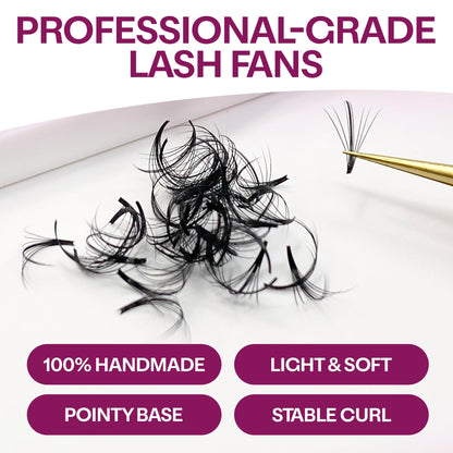 Glamgaze 500 Wispy Promade Fans – 5D-9D, C/CC/D Curl, 0.05–0.07mm, 9–16mm | Premade Lash Extensions