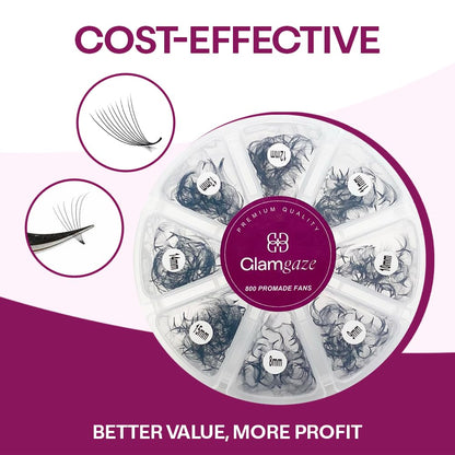 Glamgaze GLAMGAZE 800 Promade Fans – 8-15mm Mixed Lengths, 5D–16D, C/CC/D Curl, 0.05–0.07mm