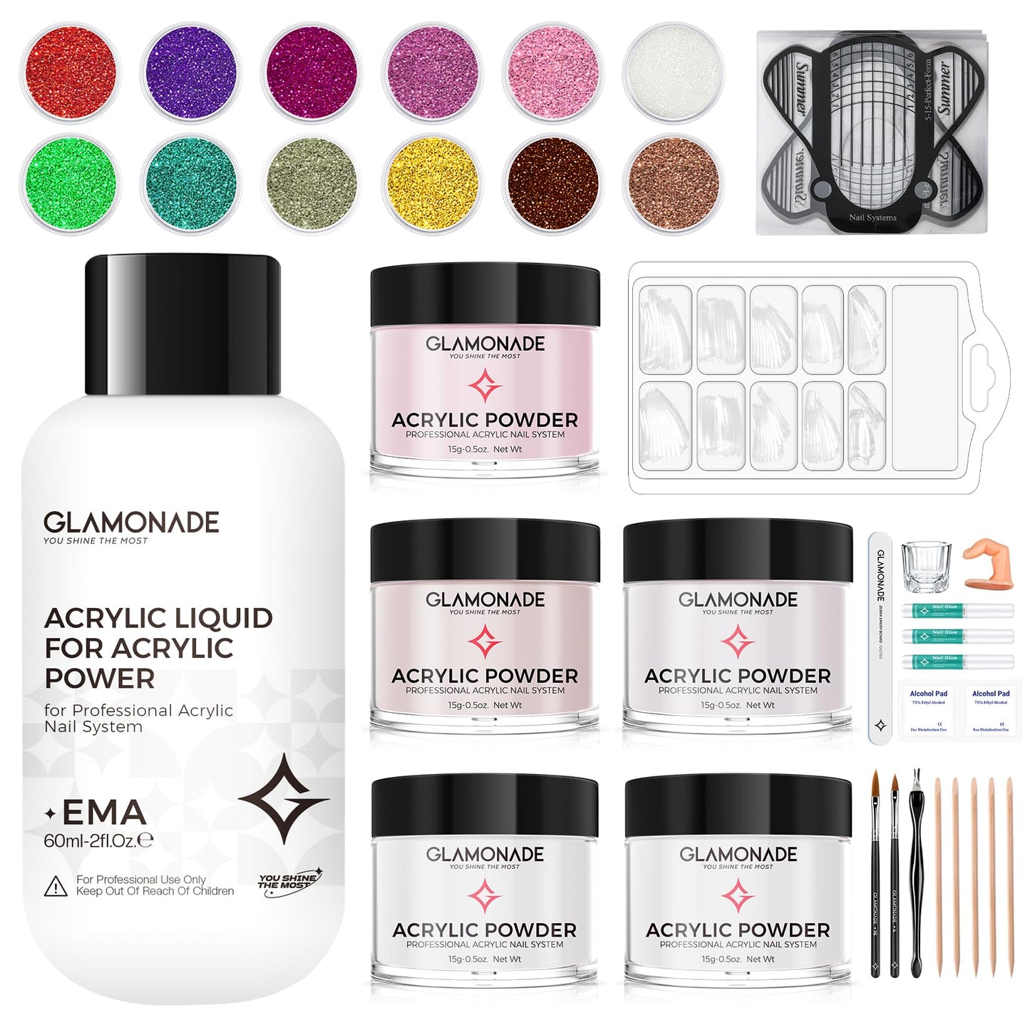 Glamonade Nail Kit Acrylic Set – Pink White Clear Purple Nude Powder + Tools for Beginners