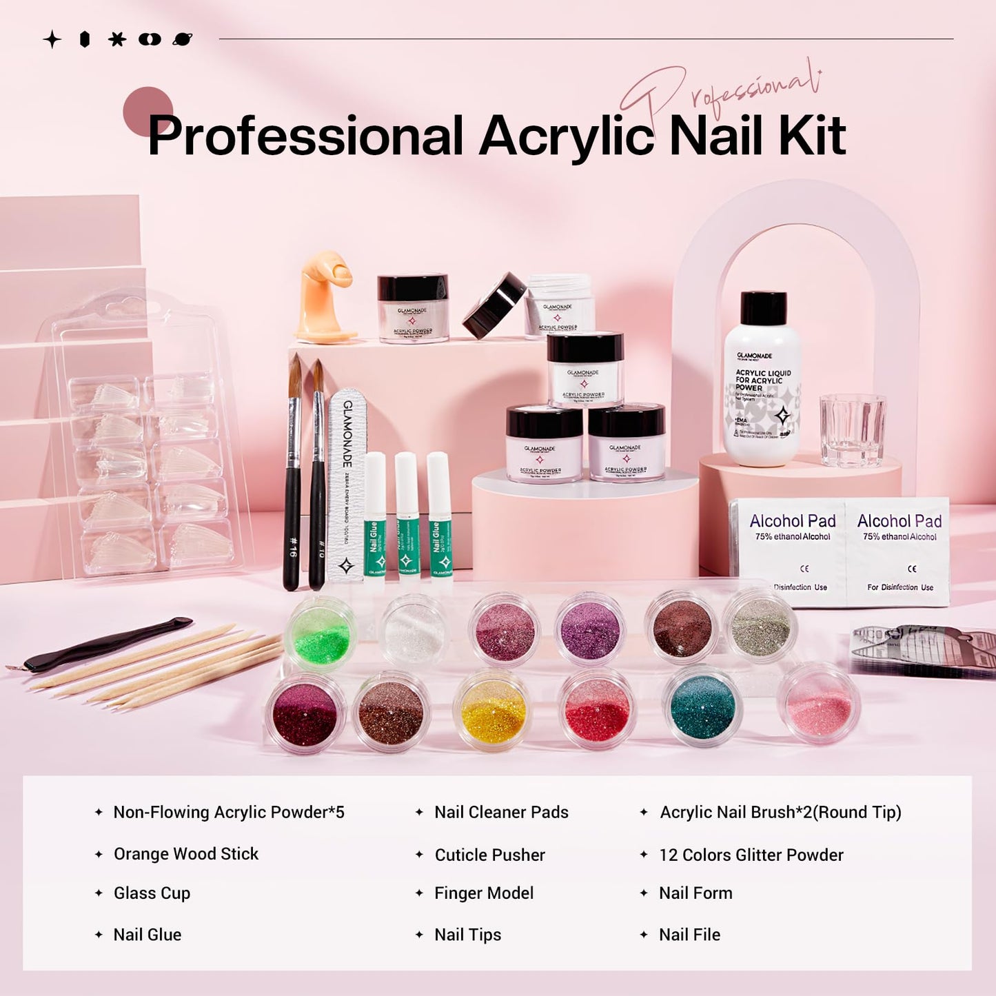 Glamonade Nail Kit Acrylic Set – Pink White Clear Purple Nude Powder + Tools for Beginners