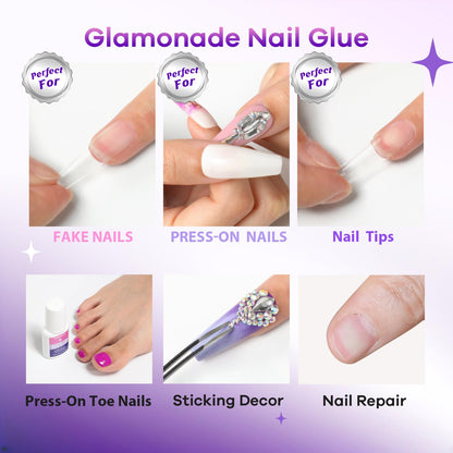 Glamonade Super Strong Brush-On Nail Glue with Tip Applicator | Mess-Free, Quick-Dry & Travel-Friendly
