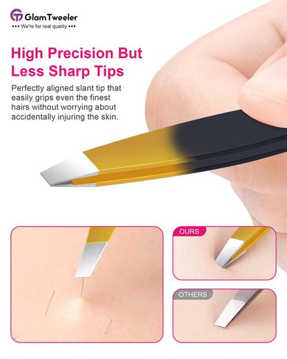 G-01 Exclusive Slant Tip Tweezers by GlamTweeler – High-Precision Eyebrow & Facial Hair Removal with Leather Case (Black & Gold)